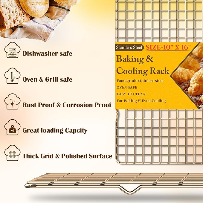 2PCS Cooling Racks for Cooking and Baking - 10" x 16"Heavy Duty Stainless Steel Wire Rack for Baking, Grilling, Roasting - Oven & Dishwasher Safe - Fits Half Sheet Pan（Gold）