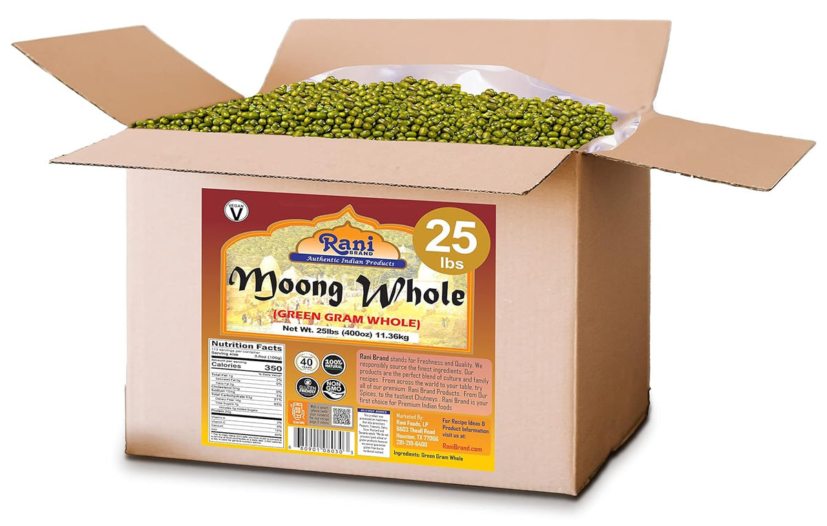 Rani Moong Whole (Ideal for cooking & sprouting, Whole Mung Beans with skin) Lentils Indian 400oz (25lbs) 11.36kg Bulk Box ~ All Natural | Gluten Friendly | Non-GMO | Kosher | Vegan | Indian Origin