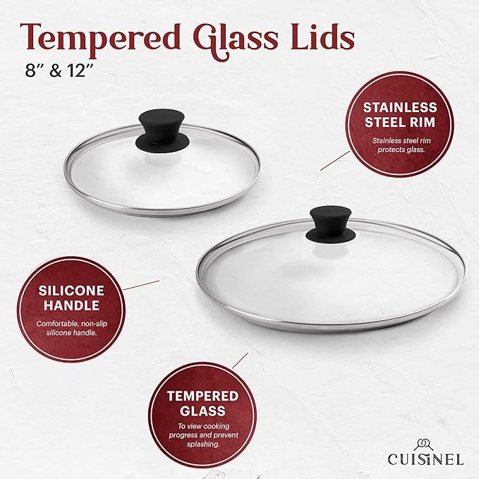 Cuisinel Cast Iron Skillet Set - 8" + 12"-Inch Frying Pan + Glass Lids - Pre-Seasoned Cookware - Heat-Resistant Holders - Indoor/Outdoor Use - Camping, Grill, Stove, BBQ, Firepit, Induction, Oven Safe