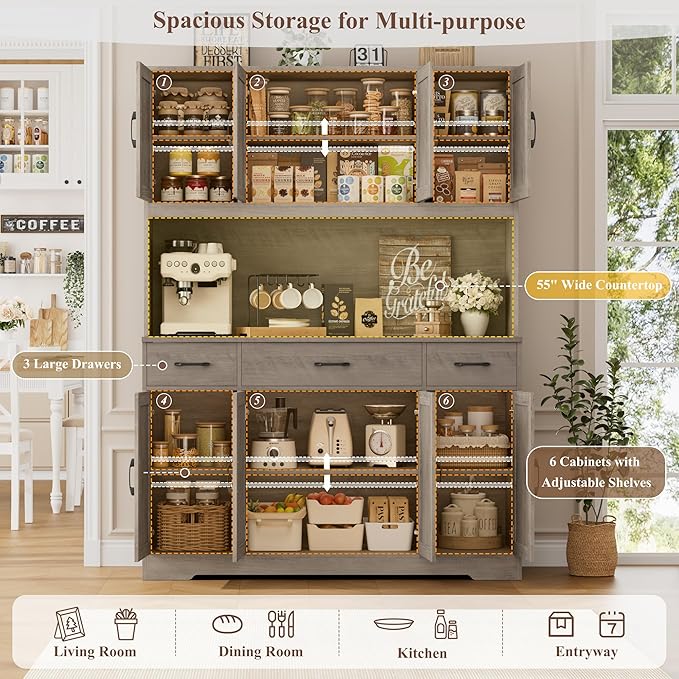 HOSTACK 71" Tall Kitchen Pantry Storage Cabinet with Charging Station, 55" Wide Kitchen Hutch Cabinet with Large Countertop, Farmhouse Food Pantry with Drawers for Living Room, Ash Grey