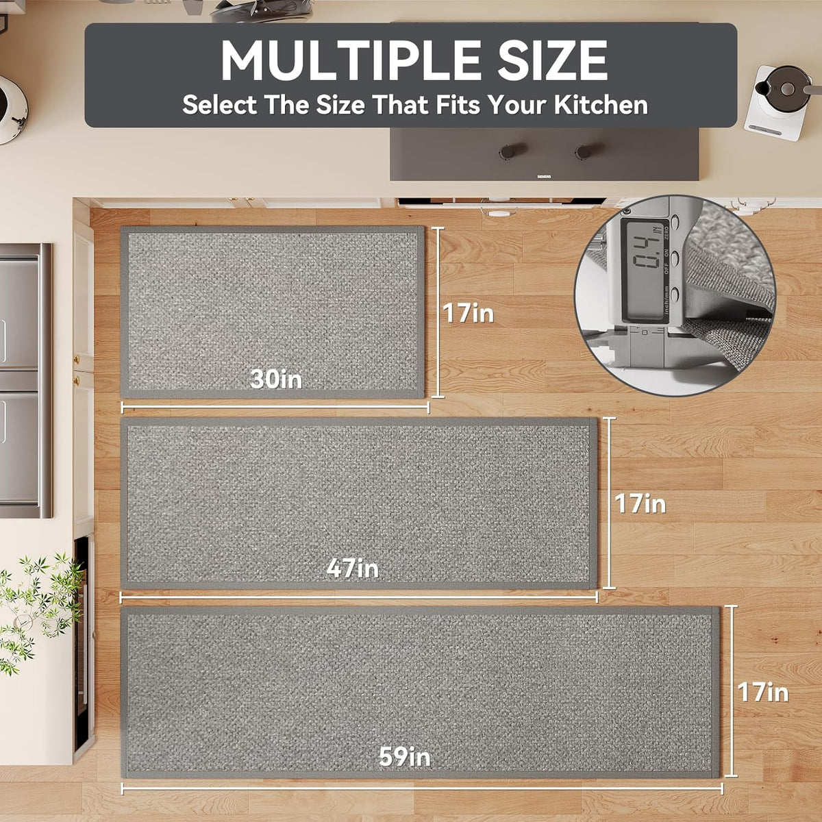 Kitchen Rugs Non Slip Washable, 0.4" Thick Anti Fatigue Cushioned Kitchen Mats for Floor, Super Absorbent Jute-Look Kitchen Sink Mat Standing Mat Office, Laundry, Easy Care, Gray 17"x47"