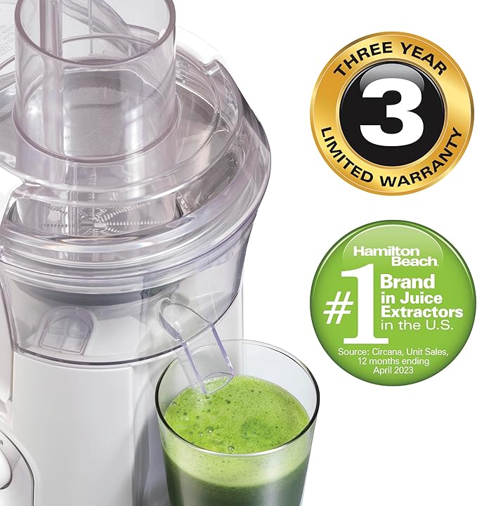 Hamilton Beach Juicer Machine, Big Mouth 3” Feed Chute for Whole Fruits and Vegetables, Easy to Clean, Centrifugal Extractor, Vegetable & Fruit Juicer, BPA Free, 800W Motor, White