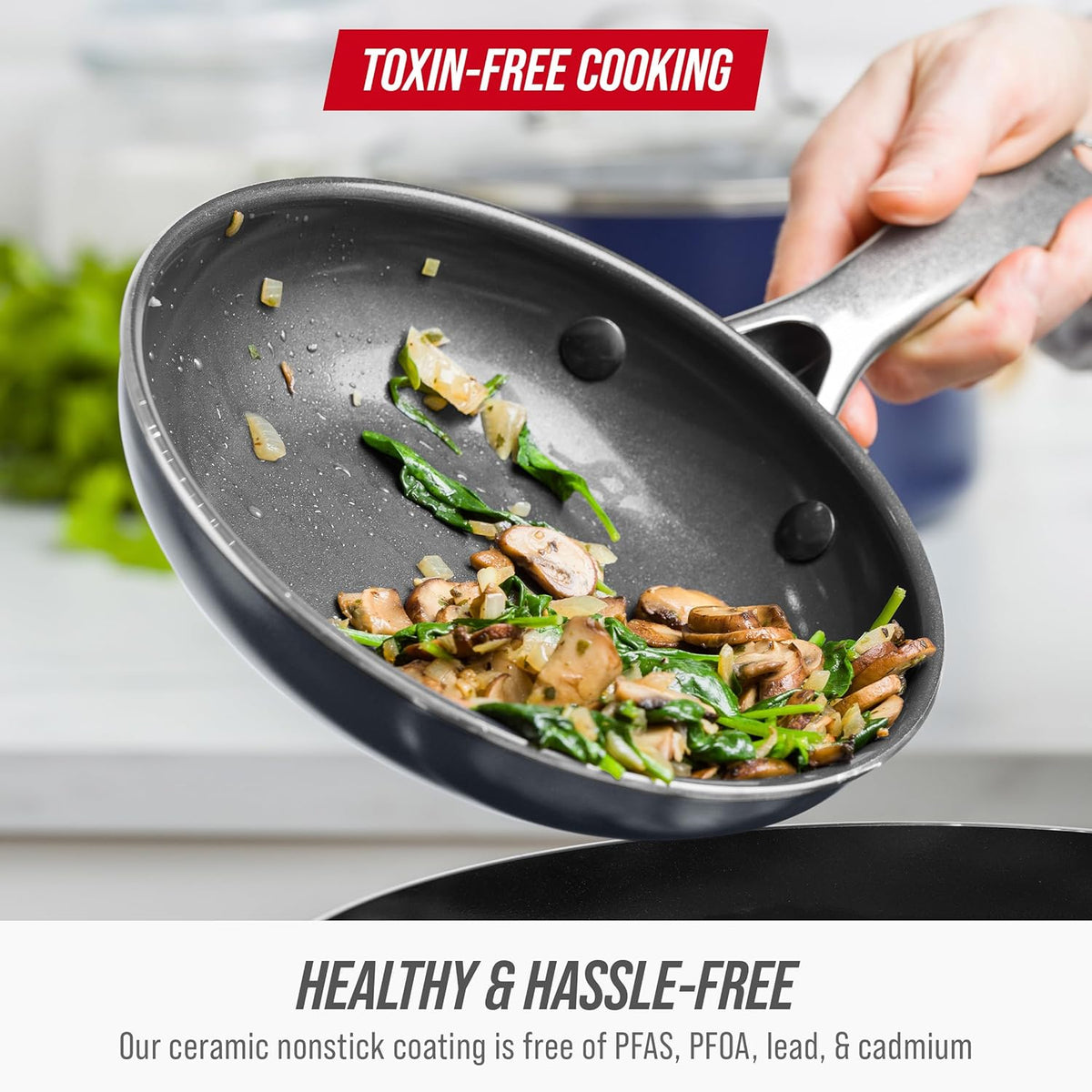 Blue Diamond 8" Nonstick Frying Pan Skillet, Diamond Infused PFAS & PTFE-Free Ceramic Pot, Dishwasher & Oven Safe, Stay Cool Handle, Durable Non Toxic Metal Utensil Safe, Egg & Omelet Pan, Gray
