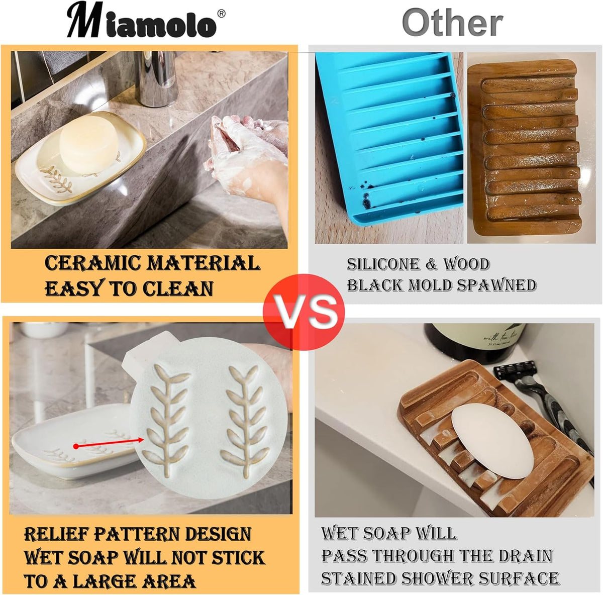 Soap Dish Bar Cleaner Dish for Shower, Ceramic Soap Dishes for Bar Shampoo or Sponge, Shower Soap Dish Soap Saver Tray for Bathroom Kitchen Sink, Easy to Clean