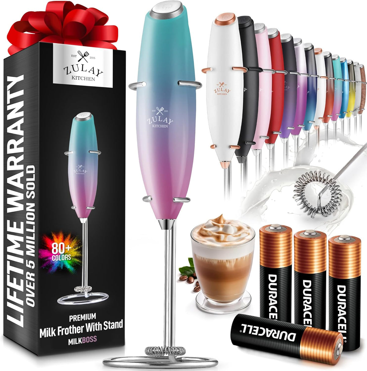 Zulay Kitchen Powerful Milk Frother Wand With 4 AA Duracell Batteries - Ultra Fast Handheld Drink Mixer - Electric Whisk Foam Maker for Coffee, Lattes, Cappuccino, Matcha & Creamer -