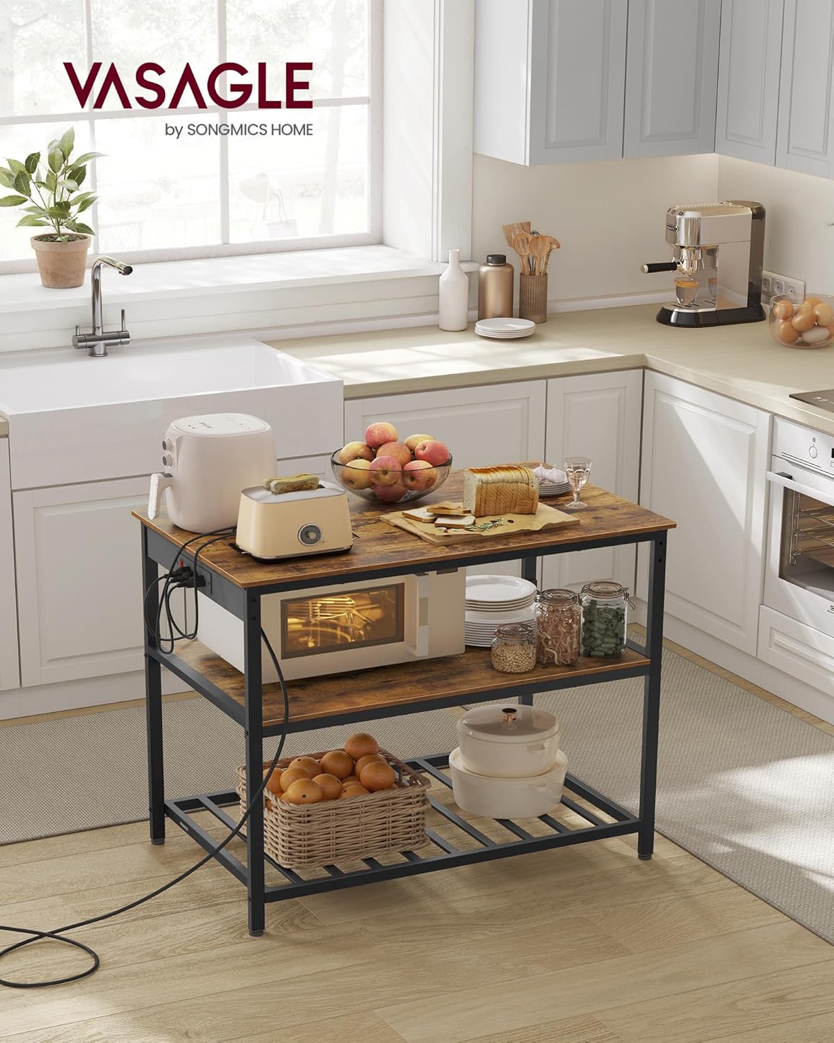 VASAGLE Kitchen Island with 3 Shelves, 39.4 Inches Width Kitchen Shelf with Power Strip, Large Worktop, Stable Steel Structure, Industrial, Easy to Assemble, Rustic Brown and Black UKKI105K01