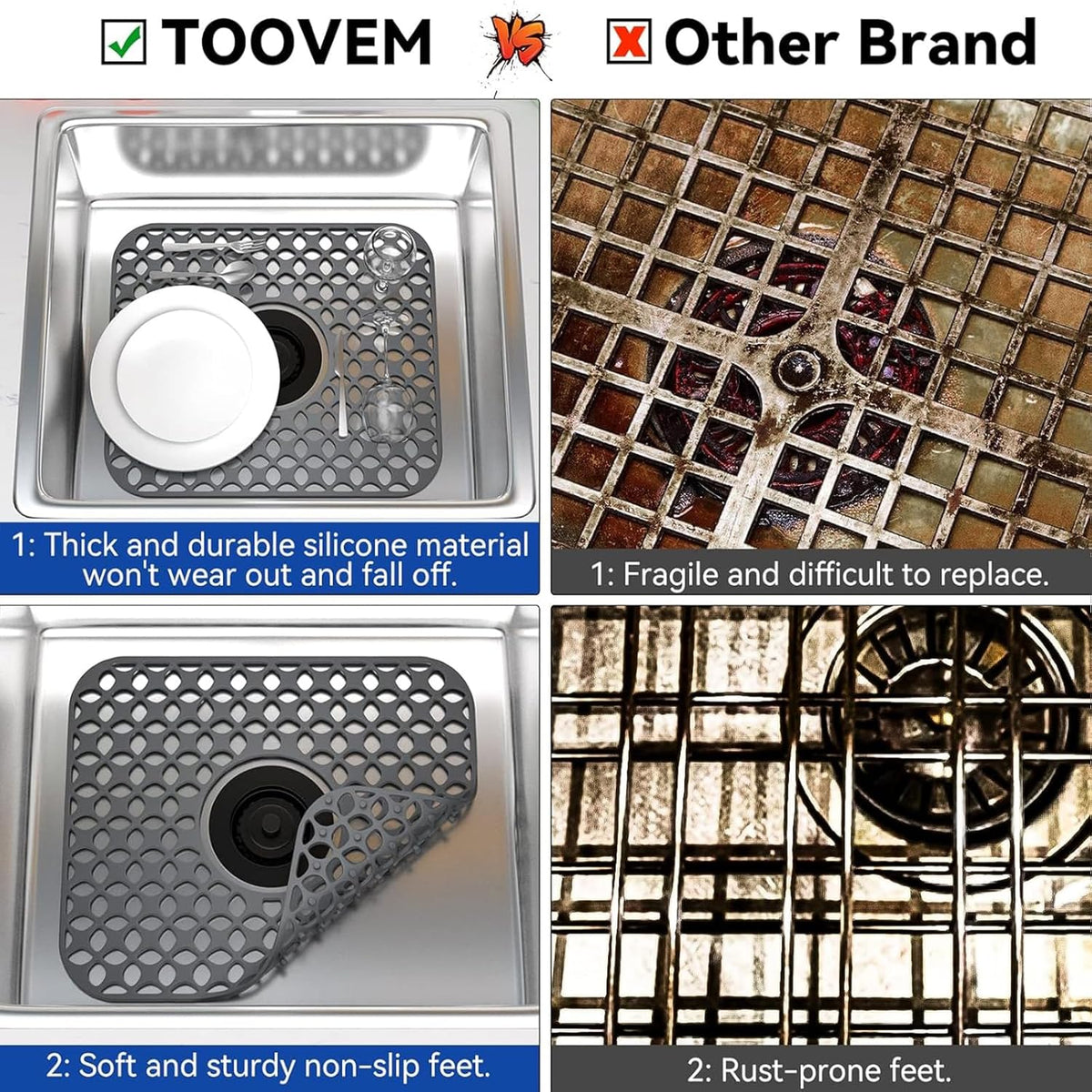 TOOVEM Sink Protectors for Kitchen Sink, Folding Non-slip Kitchen Mat, Heat Resistant Silicone Mat 1 Pcs, Grey, 13.58 ''x 11.6 ''