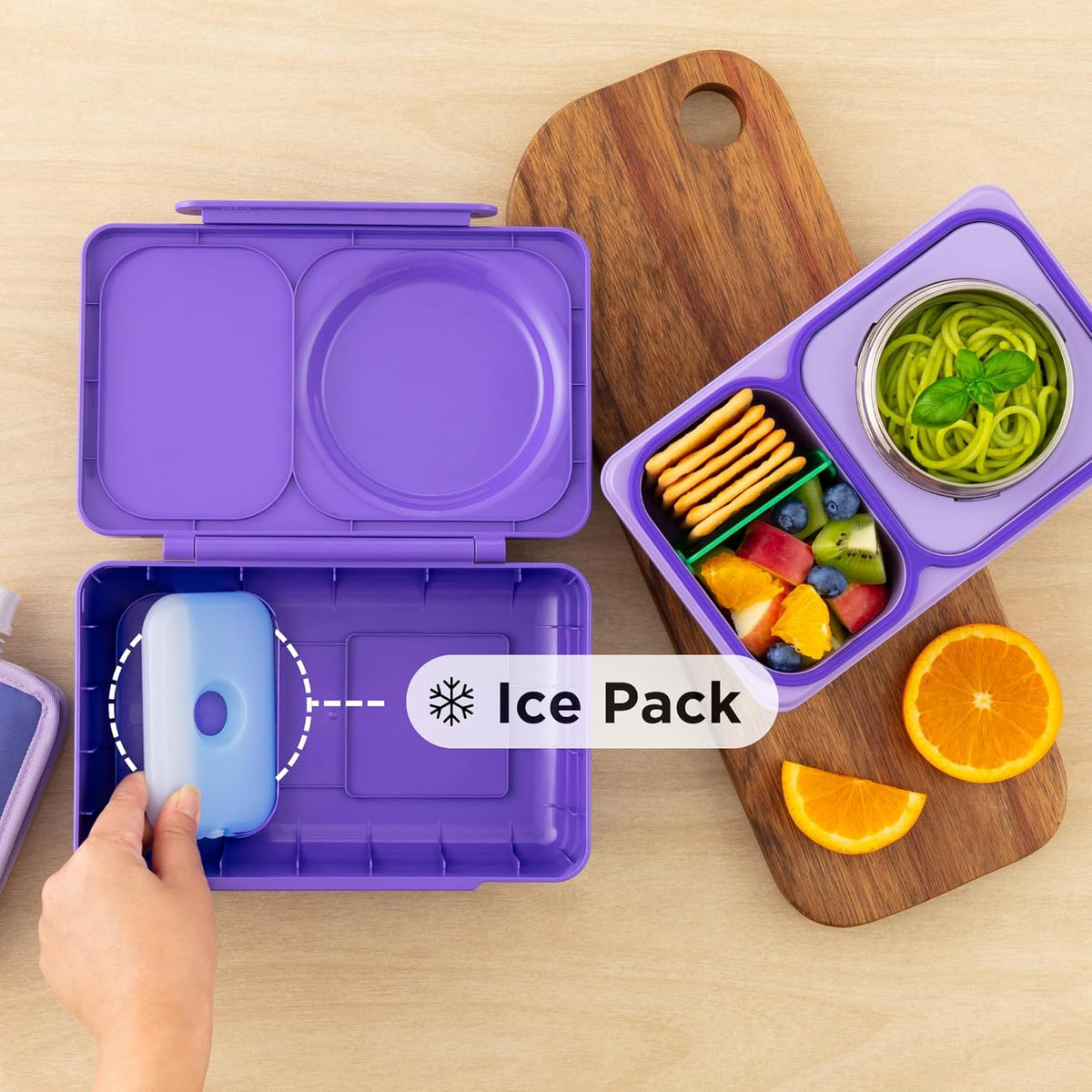 Omie OmieBox UP bento Box for Kids | Insulated Lunch Box | Leak Proof Vacuum Insulated Thermal Food jar | Cooler ice Pack | 2 Compartments (Galaxy Purple)