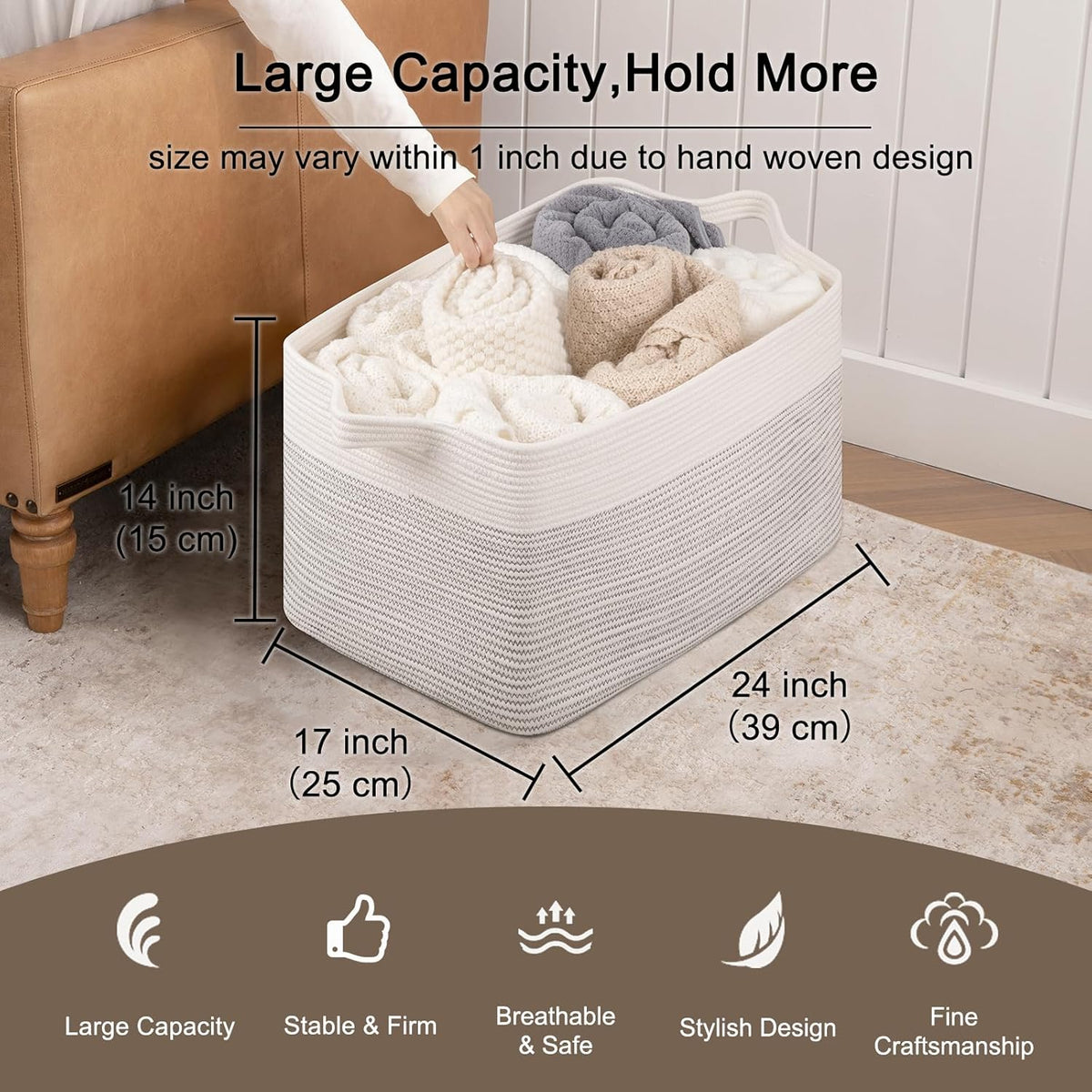 OIAHOMY 95L Blanket Basket, 24”x17”x14”, Large Woven Baskets for Storage, Nursery Cotton Rope Basket with Handle, Living Room, Nursery, Bedroom,Toy Baskets Organizer Bins, Black and White