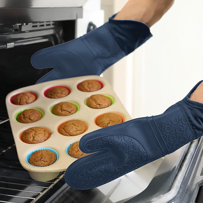 BPA-Free Soft Silicone Oven Mitts - Ultra Heat Resistant Oven Mitts with Thick Cotton Liner - Extra Long Slip Resistant Pot Holders, Flexible Oven Gloves - Navy 14.7"