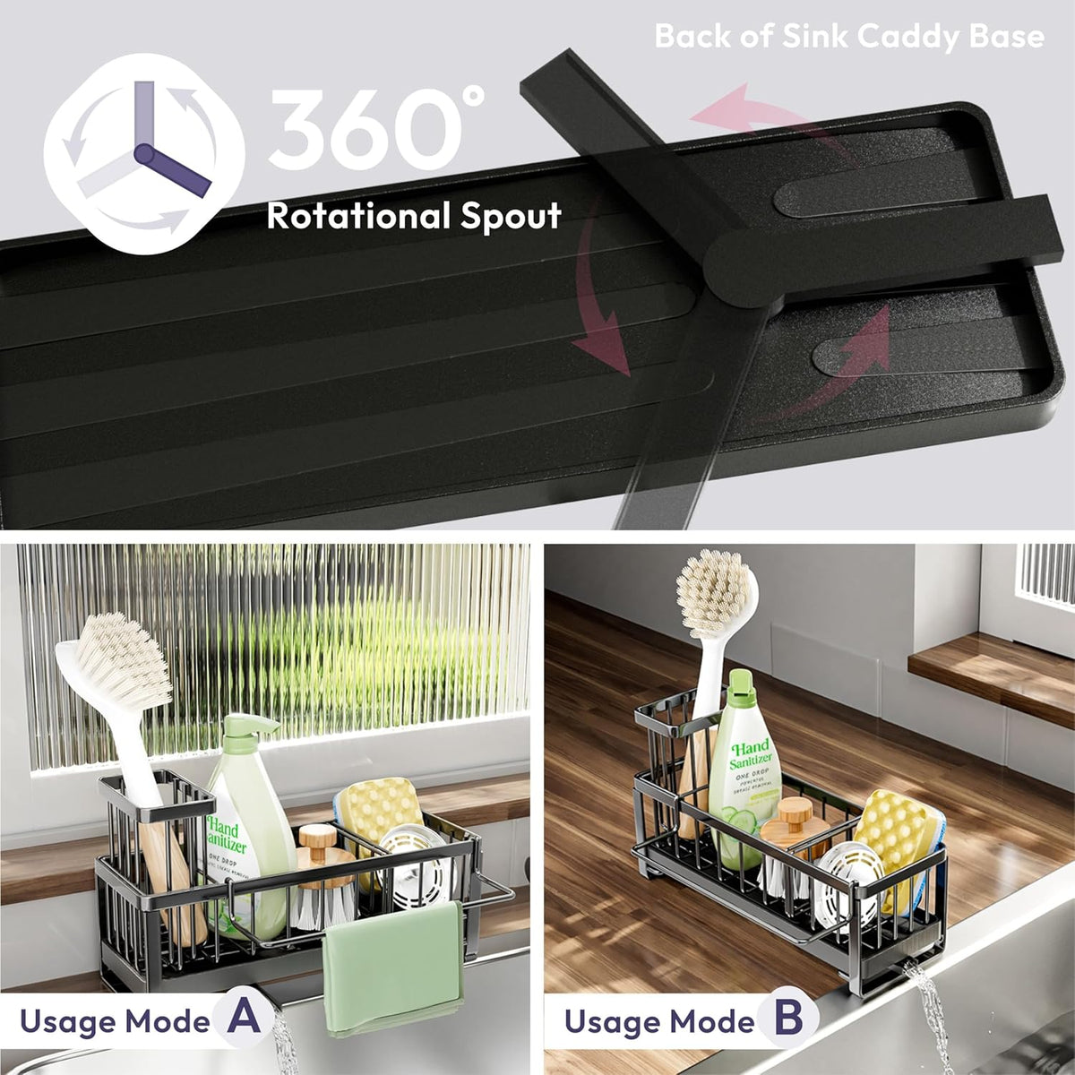 SWTYMIKI Sponge Holder for Kitchen Sink - Sink Caddy with Brush Holder Self-draining Sponge Caddy Organizer with Divider Stainless Steel Kitchen Accessories Storage for Countertop, Black