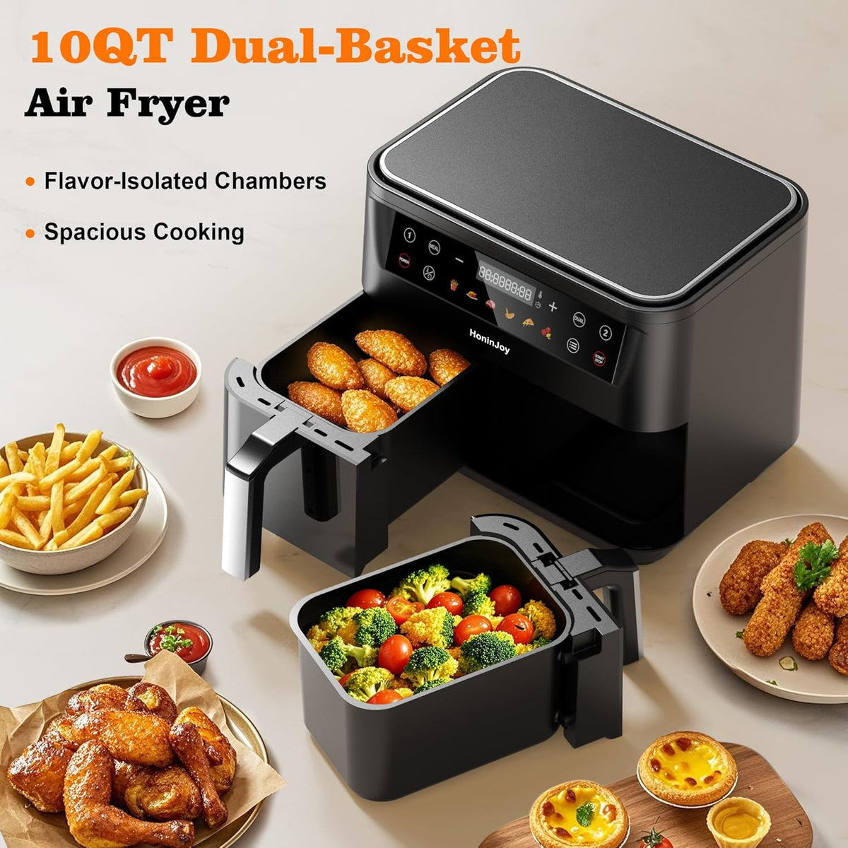 10QT Large Dual Basket Air Fryer with Viewing Window and 50pcs Paper Liners, 10-in-1 Digital Touchscreen Double Zone Air Fryers, SyncCook to Bake,Roast,Reheat,Broil, Nonstick Dishwasher Safe