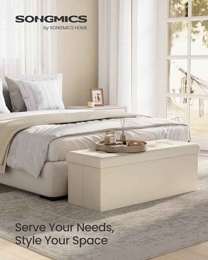 SONGMICS MAZIE Collection - 43 Inches Folding Storage Ottoman Bench, Ottoman Foot Rest, End of Bed Bench, Storage Chest, Load 660 lb, for Living Room, Bedroom, Entryway, Cream White ULSF77BE