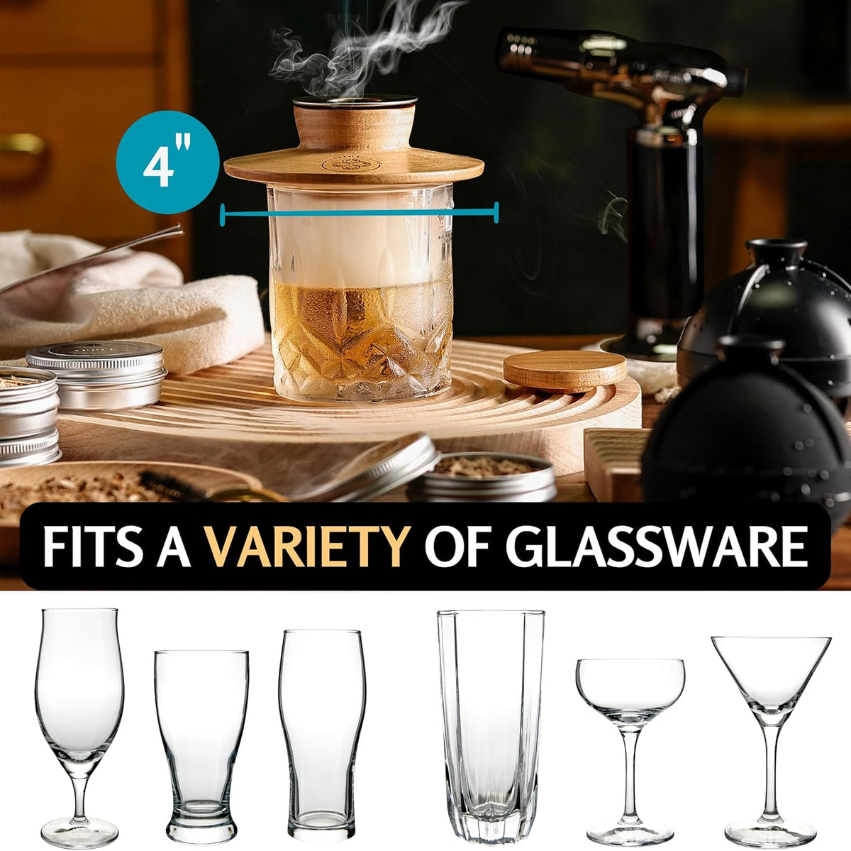 Cocktail Smoker Kit - Whiskey Bourbon Drink Smoker with Torch, Custom Top, 2 Ice Ball Makers, 4 Flavors Wood Chips - Smokers for Whiskey Drinks - Cocktail Drink Smoking Kit - Unique Gifts for Him