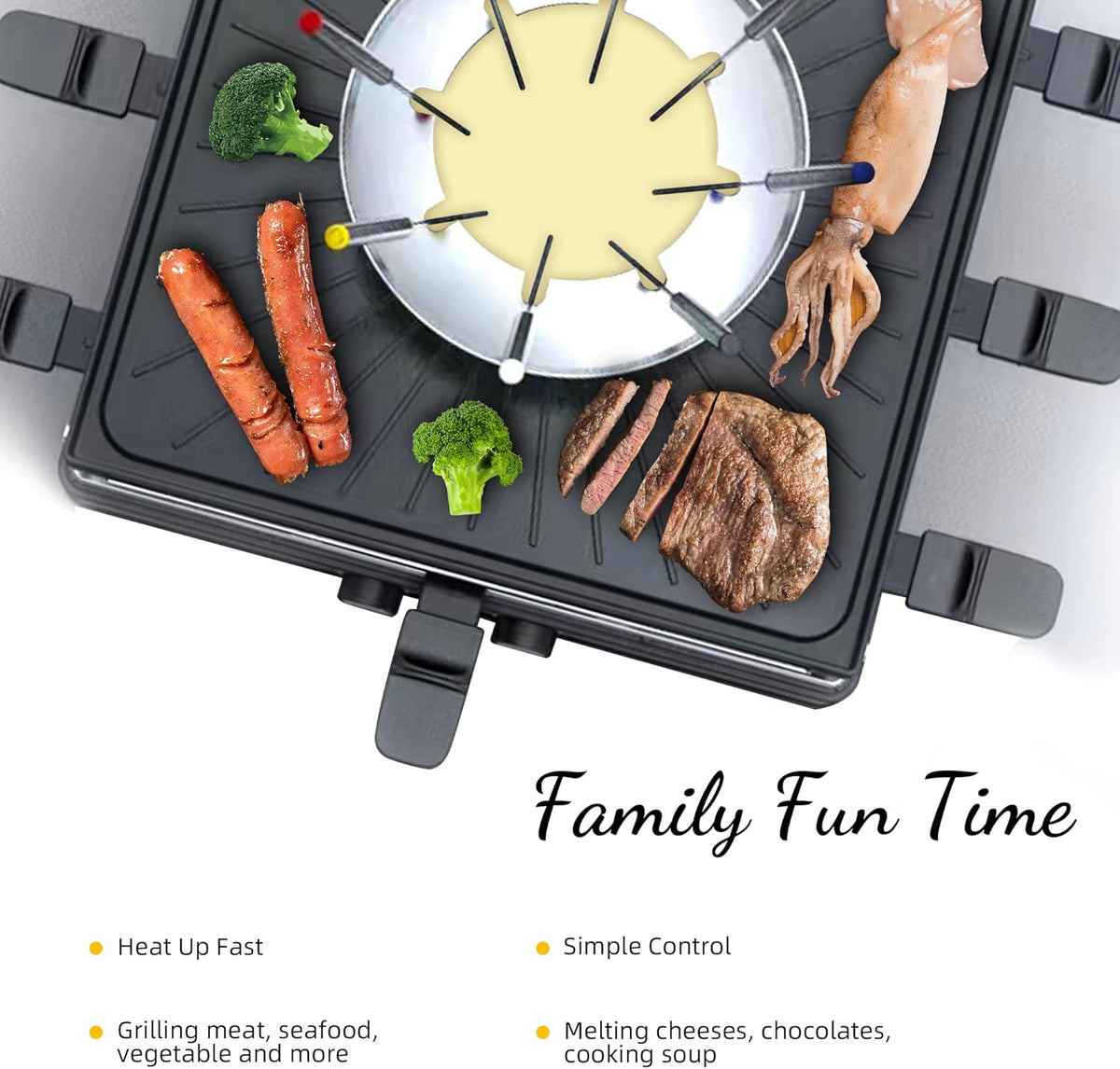 Electric Fondue Pot Set, 600ML Fondue Pot with Grill Plate, 8 Color-Coded Forks, 8 Non-Stick Pans, Dual Thermostat Fondue Grill Combo for Chocolate, Cheese, Grilling