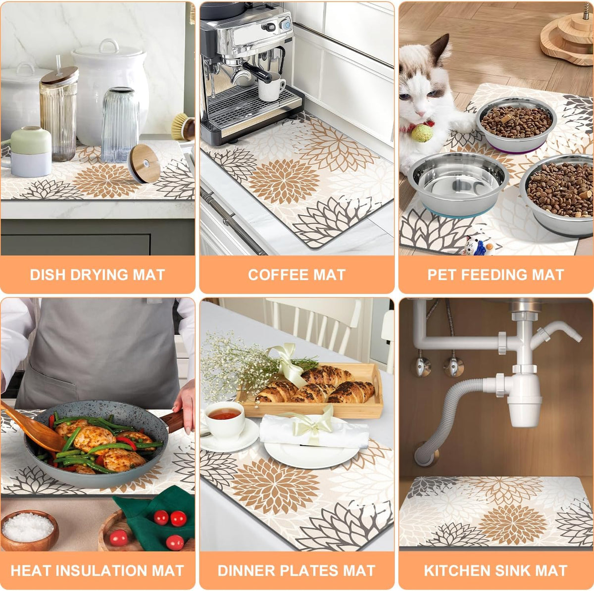 Findosom 2PCS 16" x 24" Dish Drying Mat & 24" x 5.5" Sink Splash Guard, Super Absorbent & Cuttable Dish Mat Drying Kitchen Mat with Brown Floral, Hide Stain Drying Mat for Kitchen Counter