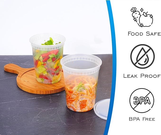 EDI [32 OZ, 20 Sets] Plastic Deli Food Storage Containers with Airtight Lids | Microwave-, Freezer-, Dishwasher-Safe | BPA Free | Heavy-Duty | Meal Prep | Leakproof | Recyclable