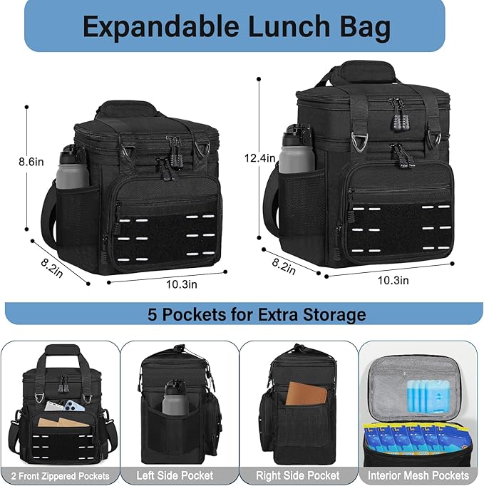 Lunch Box Cooler Bag - Tactical Insulated Lunchbox for Men - Large Soft Expandable Lunch Pail for Adults Work Outdoor Shifts Trips Black 16L