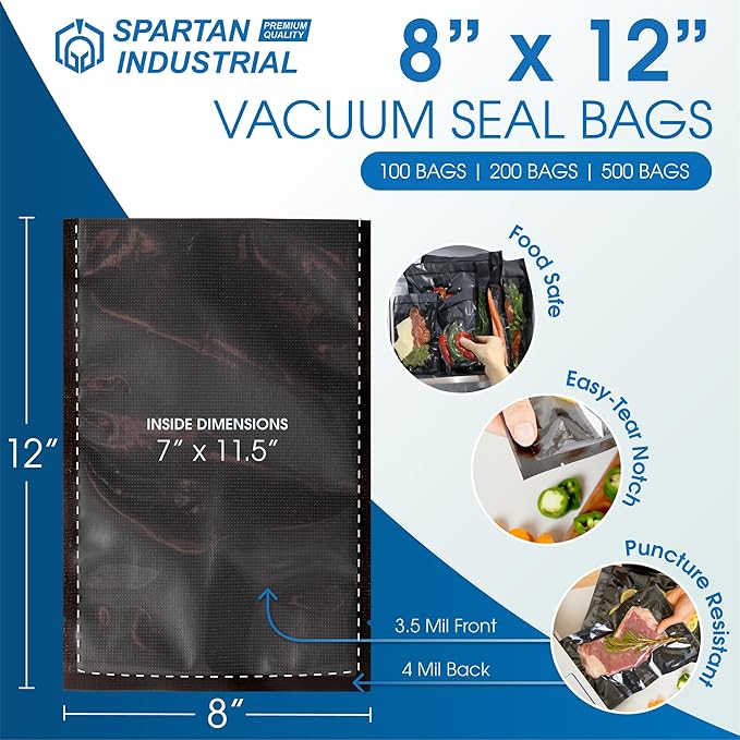 Spartan Industrial 8" X 12" Vacuum Seal Bags - 200 Count BPA-Free Food Storage Bags for Marinating, Freezing, Sous Vide Cooking