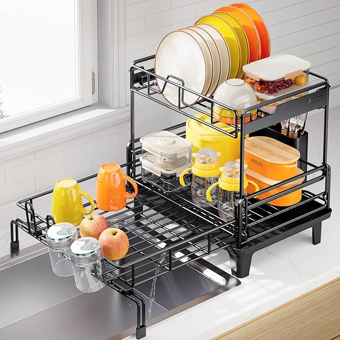 Urackify Dish Drying Rack - Extendable Dish Drainer, Large Dish Rack for Kitchen Counter, Rustproof Dish Strainer with Utensil Holder and Cups Holder, 2 Tier Black