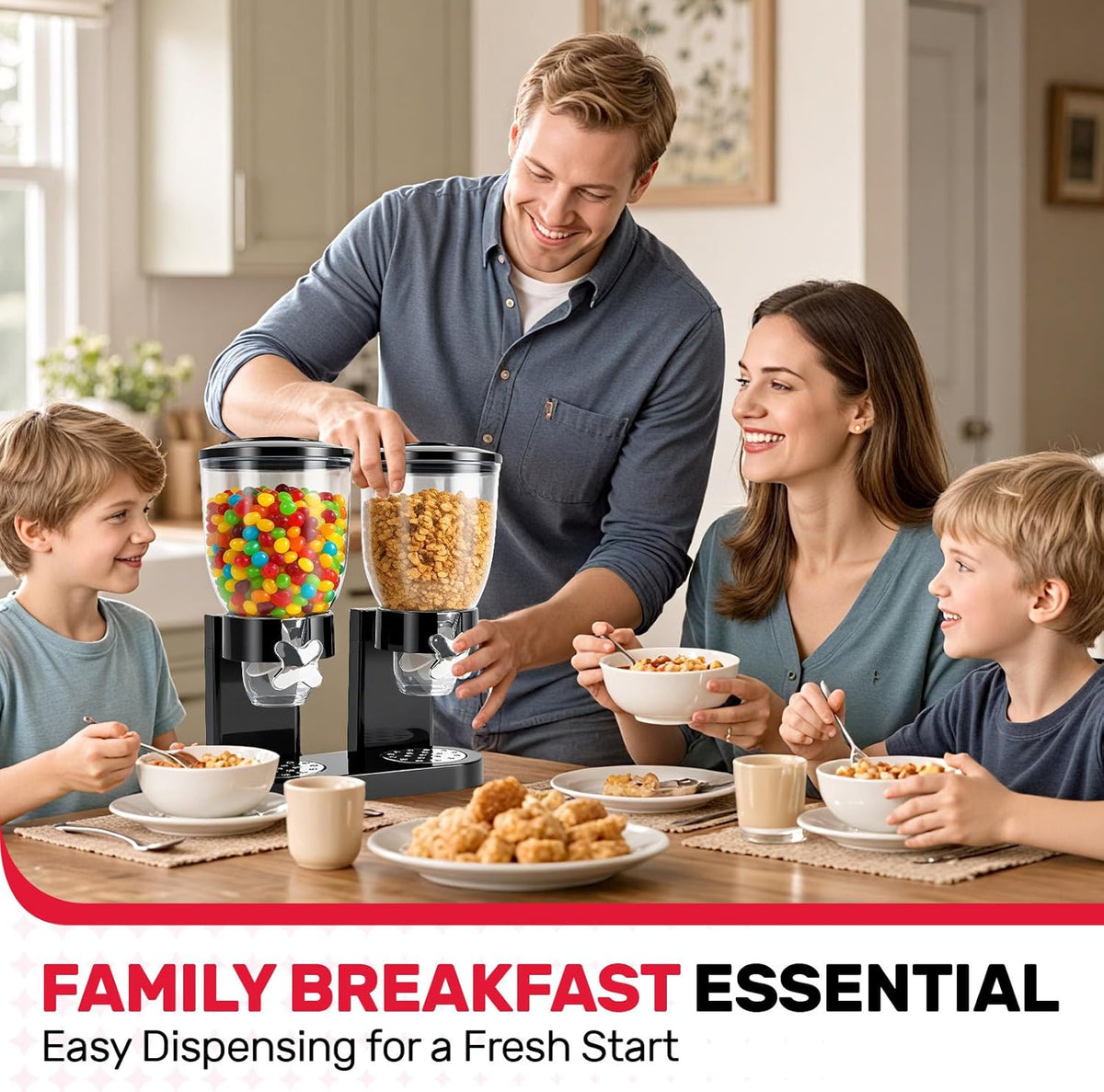 Dual-Control Cereal Dispenser Countertop, 2 Pack 2L Cereal Containers Storage with Airtight Lids, Rotating Dispenser for Pantry, Cereal, Dry Food, Candy, Rice, Grains, Coffee Bean