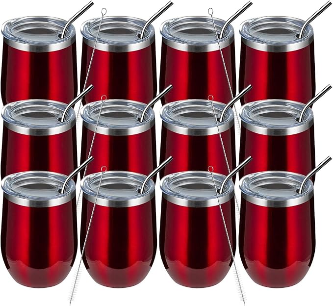 MEWAY 12oz/12 Pack Wine Tumbler Glasses with Lid -Double Wall Vacuum Stainless Steel Travel Tumbler Mug,Stemless Insulated Wine Cup for,Coffee,Cocktails,Gifts (Burgundy,Set of 12)