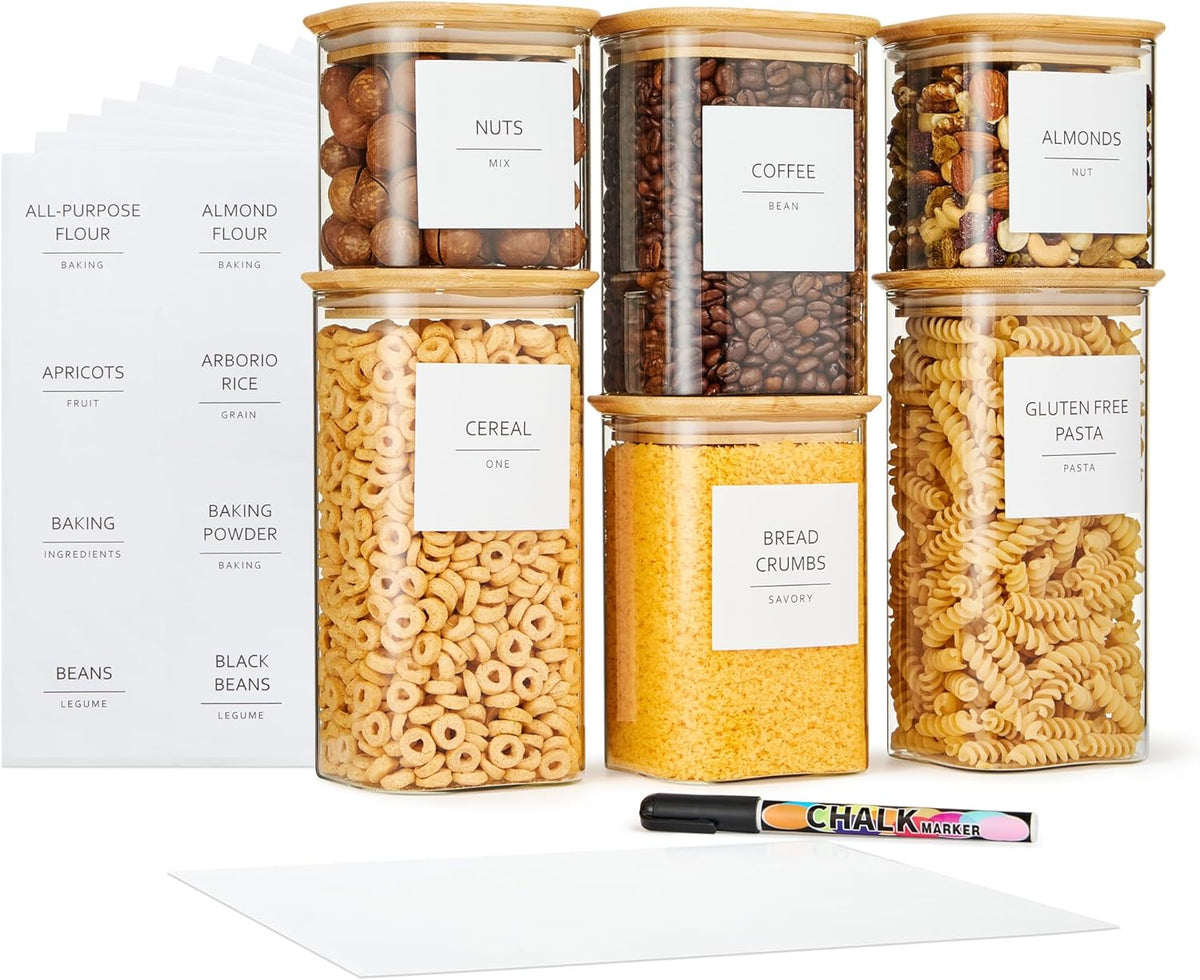 Talented Kitchen Square Glass Food Storage Containers - Airtight & Labeled Glass Kitchen Storage Containers - Space-Saving Stackable Square Pantry Jars - Pack of 6, 24/37/51 fl oz
