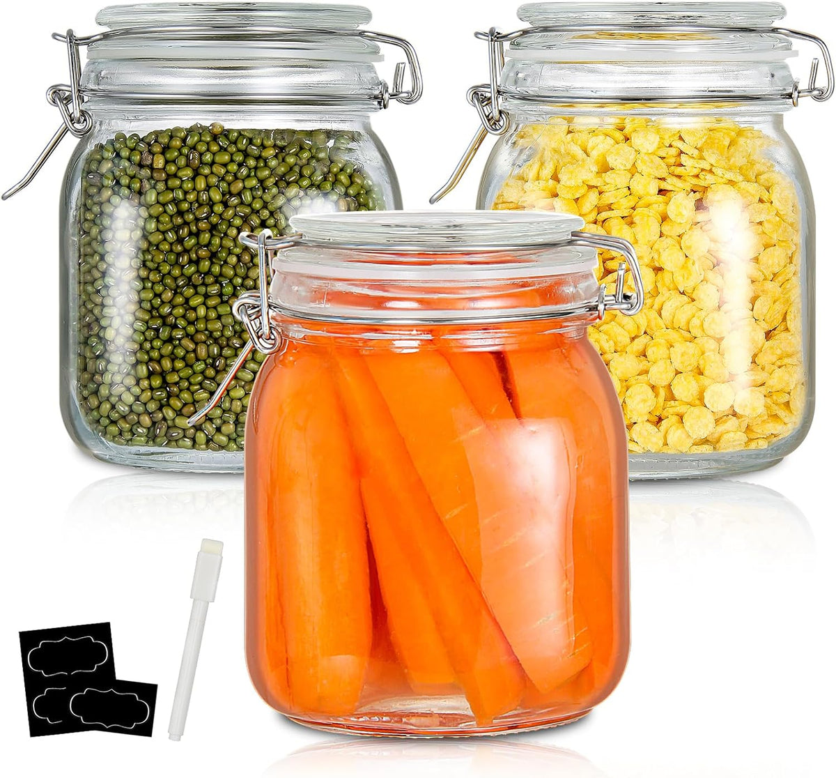 YEBODA 32oz Food Storage Canister Glass Jars with Clamp Airtight Lids and Silicone Gaskets for Multi-Purpose Kitchen Containers - Clear Square (3 Pack)