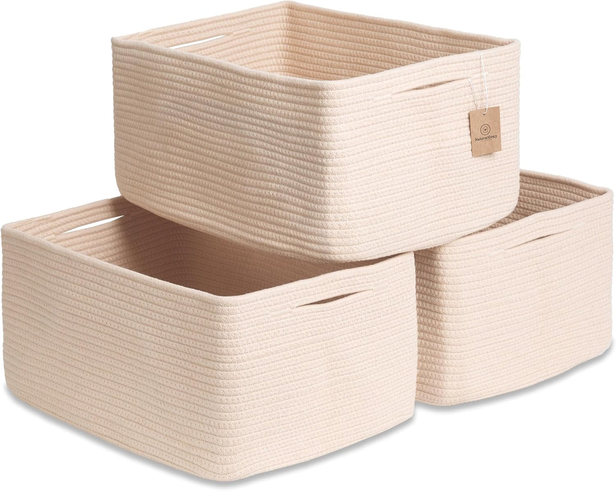 NaturalCozy Storage Baskets 16.8”x13”x7.6” Cotton Rope Woven Baskets for Organizing 3-Pack | Toy Storage Bins | Basket for Shelves, Laundry, Blanket, Clothes, Closet, Kitchen, Bathroom, Gifts
