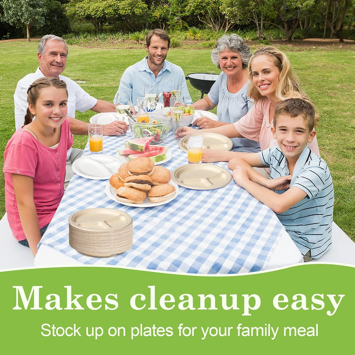 Compartment Plates - Disposable, 9 inch, 100 Pack, Biodegradable, Heavy Duty with Dividers