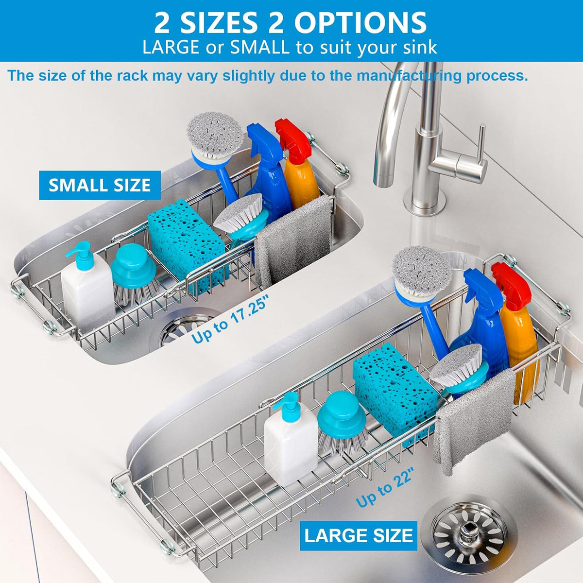 Over The Kitchen Sink Caddy Sponge Holder Organizer Drying Rack Expandable for Sponge Brush Soap Dish Cloth Rag, Stainless Steel (12.25" to 17.25")