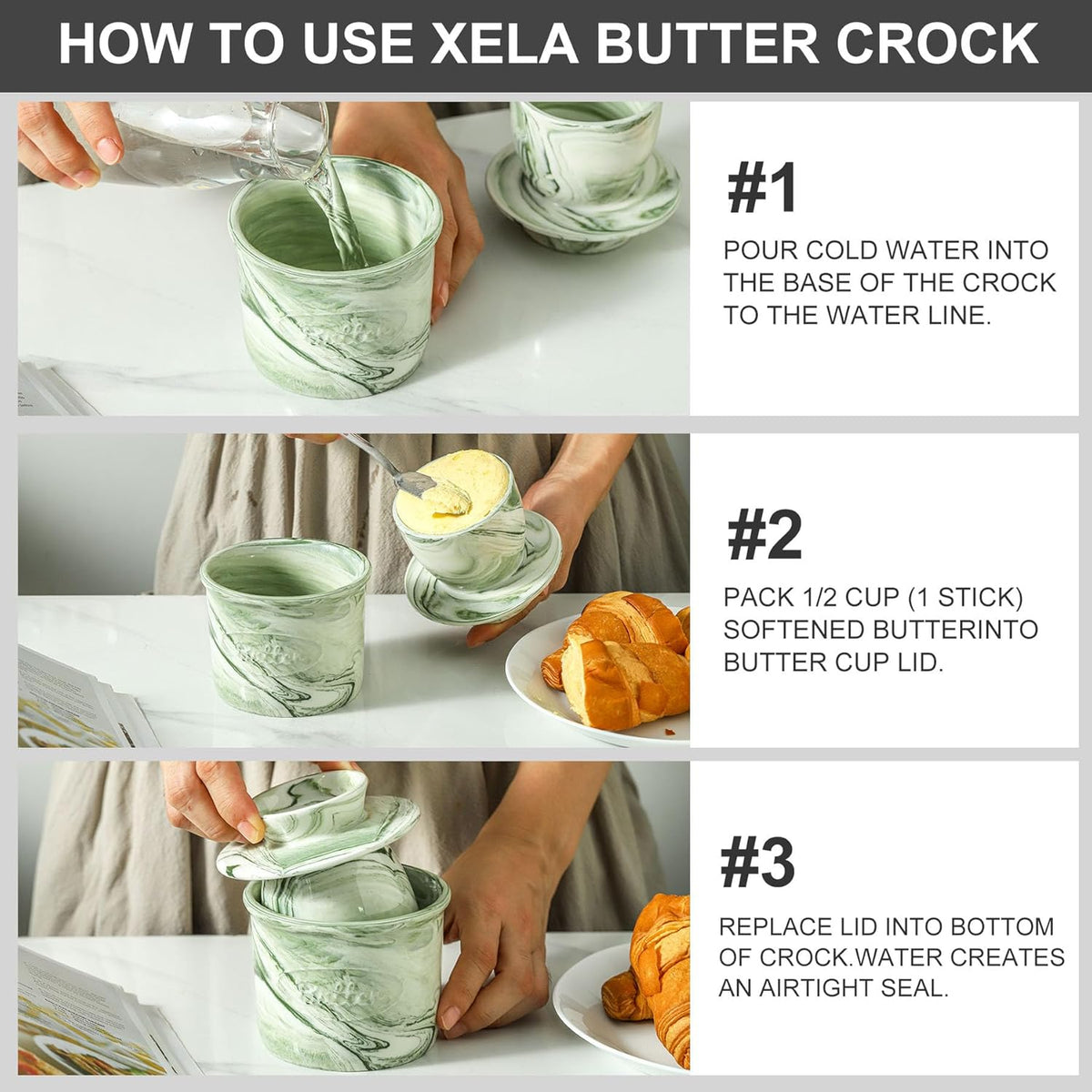 Ceramic Butter Crock, 6 OZ Butter Keeper for Counter, French Butter Dish Big Capacity green