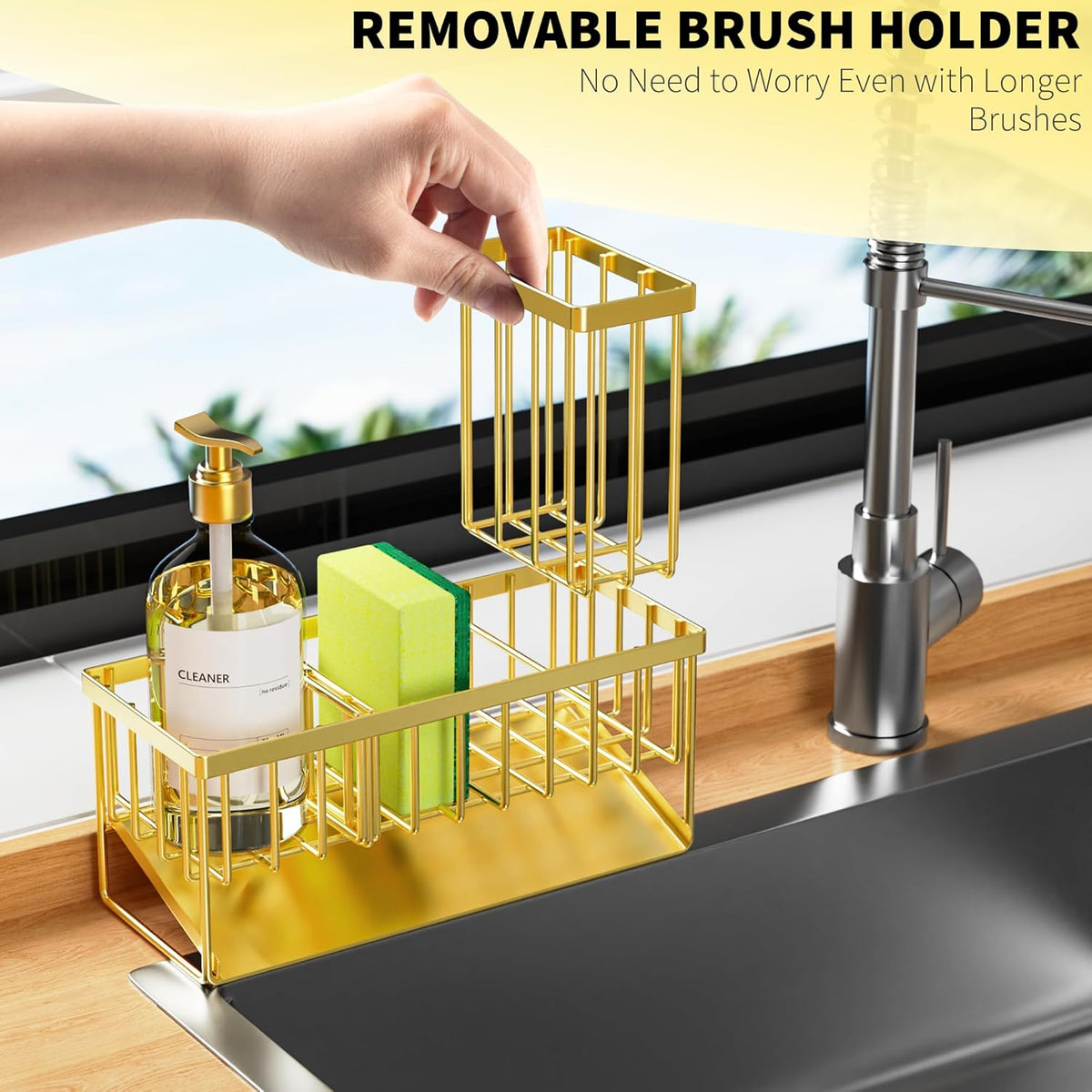 Cisily Gold Kitchen Sink Caddy Organzier with High Brush Holder, Sponge Holder for Sink, 304 Rustproof Stainless, Kitchen Countertop Soap Dispenser Organizer, Home Decor and Accessories