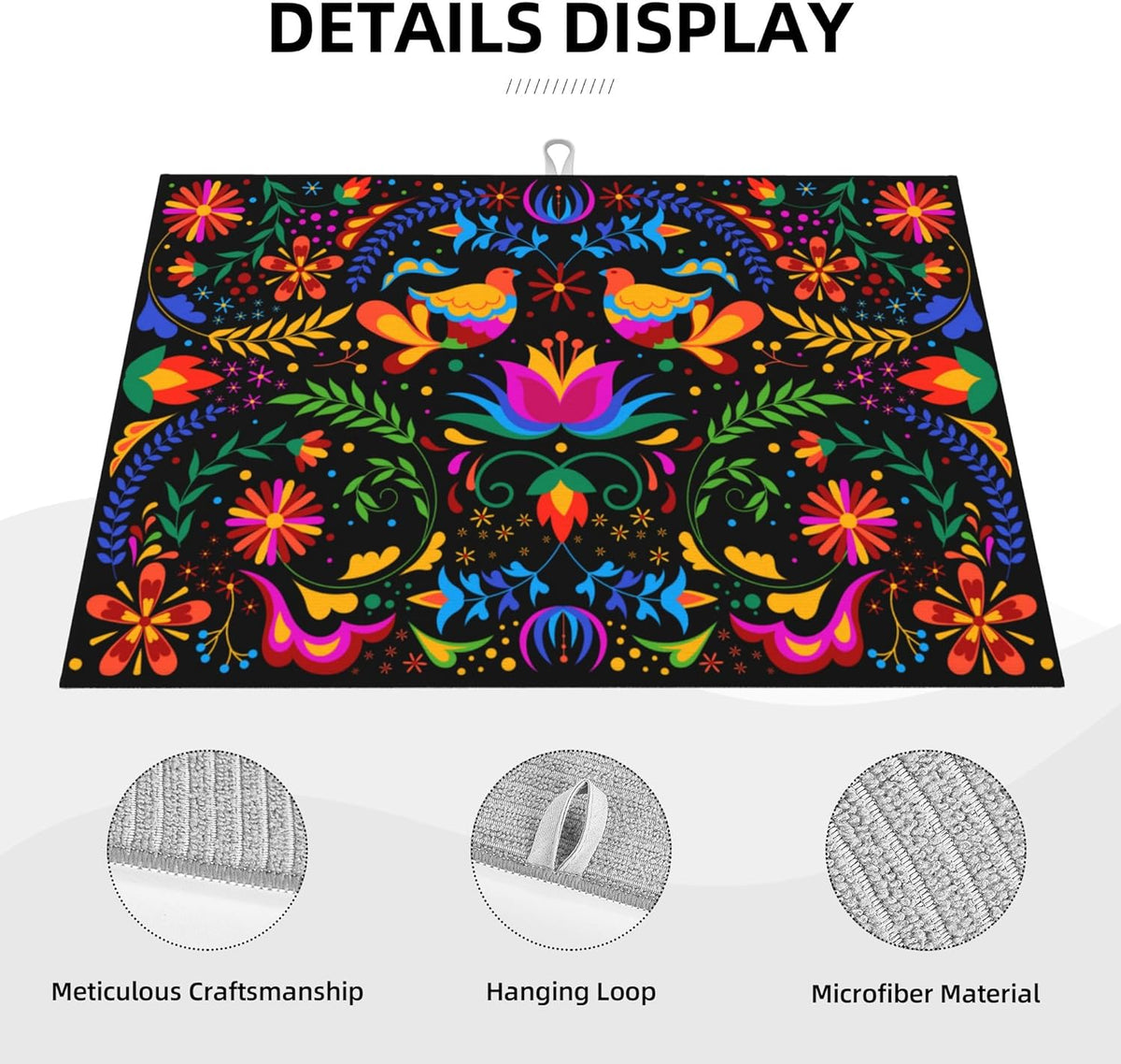 Mexican Flower Microfiber Dish Drying Mat for Kitchen Counter Mexican Dishes Pad Black Dish Drainer Rack Mats 18"x24" Absorbent Washable Reusable