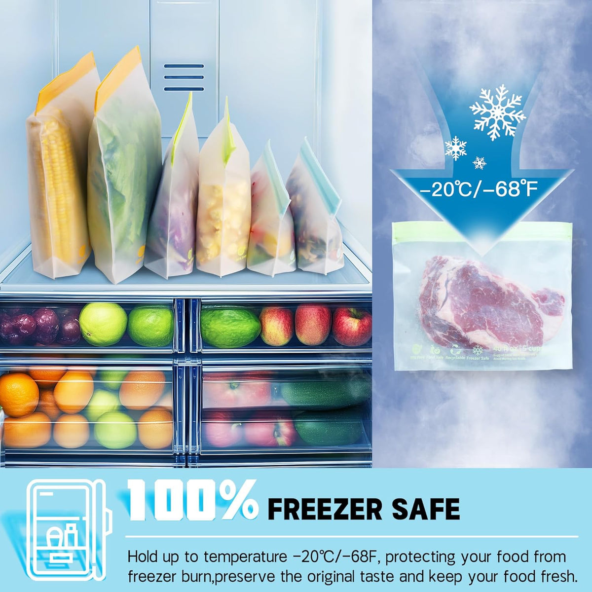 26 Pack Reusable Food Storage Bags,Leakproof Freezer Bags BPA Free Stand Up Sandwich Bags for Lunch Salad Fruit Travel,Dishwasher Safe(10 Gallon,10 Sandwich,6 Snack)