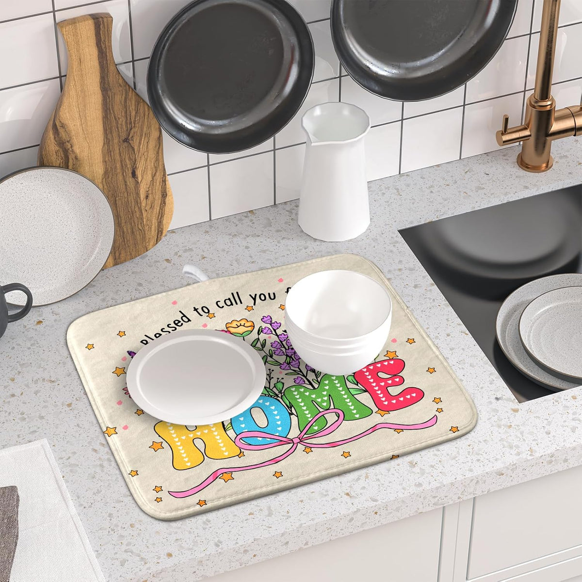 Lovely Home Dish Drying Mat for Kitchen Counter Sweet Family Decoration Absorbent Microfiber Coffee Mat 16 x 18 In