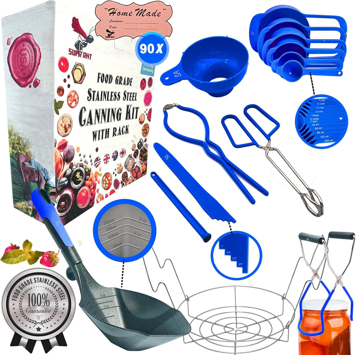 Supa Ant Blue Canning Supplies Starter Kit-10 pc Canner Accessories with Canning Rack for Jars, XL Ladle, Wide Mouth Jar Funnel, Jar Lifter & Wrench, Bubble Popper/Measurer, Lid Lifter, Kitchen Tongs