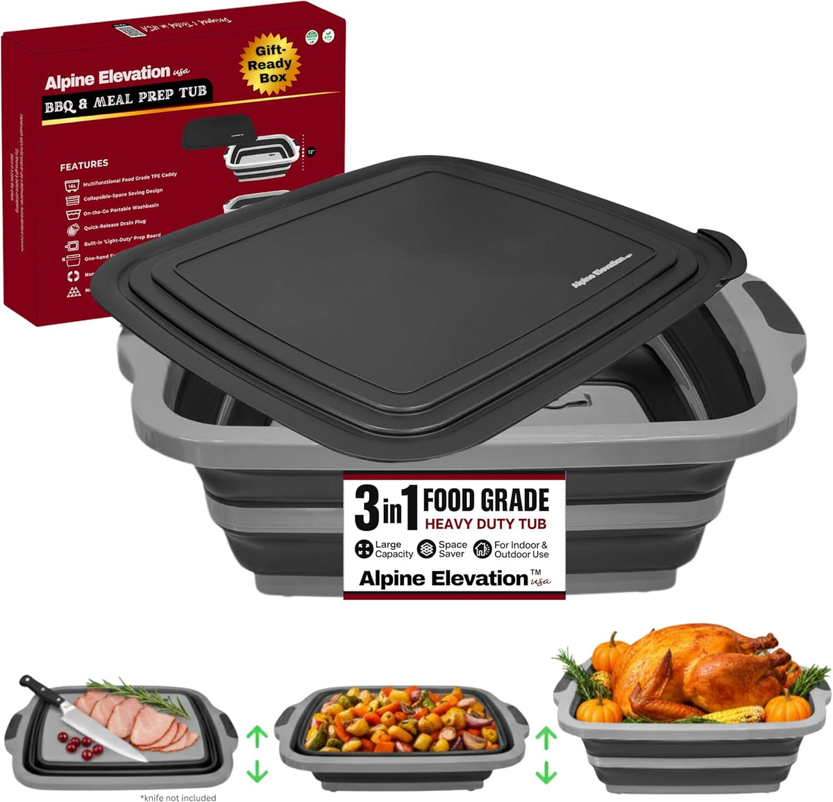Collapsible X-Large (16L) BBQ Marinating Tub w/Cutting Board | Multipurpose Food-Grade TPE Prep Tub w/Lid | Built-In Colander & Drain Plug - For Camping | Tailgate | Picnic - Slate Black