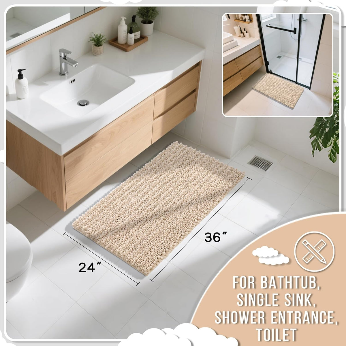 Yimobra Large Bathroom Rugs Non Slip Washable 36x24 Inch - Ultra Soft Absorbent Chenille Bath Mat, Quick Dry Shaggy Floor Carpet for Tub Shower, Light Brown Home Decor Accessories