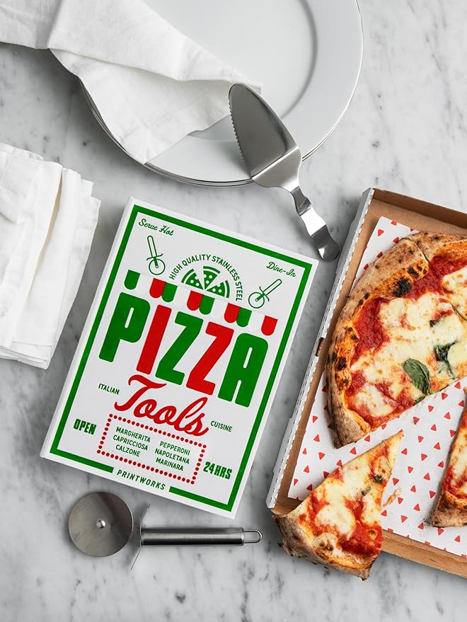 Printworks The Essentials, Pizza Tools – Pizza Cutter & Server Spatula Set with All the Accessories You Need in an Elegant Book-Style Case