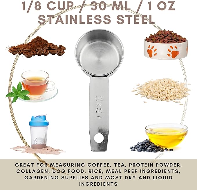 1/8 Cup Stainless Steel Measuring Cup | Sturdy Metal 30 ml | 30 cc | 1 oz | Single Cup for Wet and Dry Ingredients | Great for use as 1/8 Cup Coffee Scoop - 4 PK