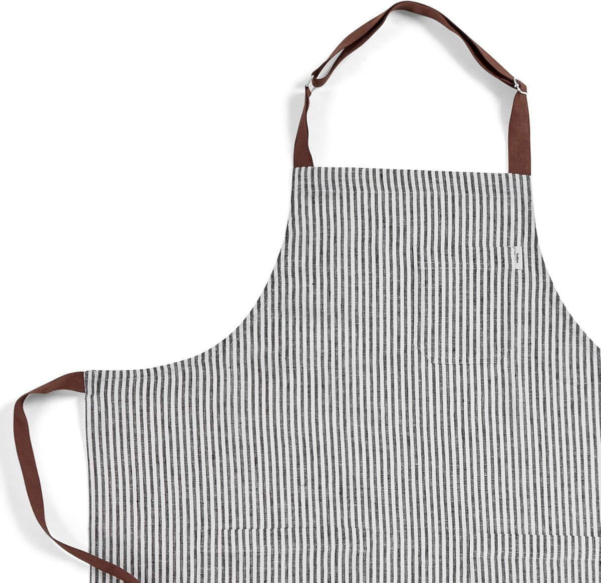 Solino Home Linen Kitchen Apron for Men & Women - Black and White/Brown Bib Apron with Front Pockets - Handcrafted from European Flax