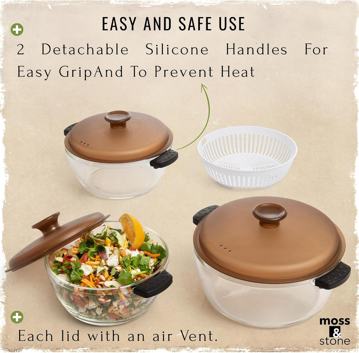 Moss & Stone 6-Piece Borosilicate Glass Casserole Set with Durable Plastic Lids – 2.6/1.5/1 Qt Oven & Microwave Safe Glass Baking Dishes for Cooking, Serving & Kitchen Storage