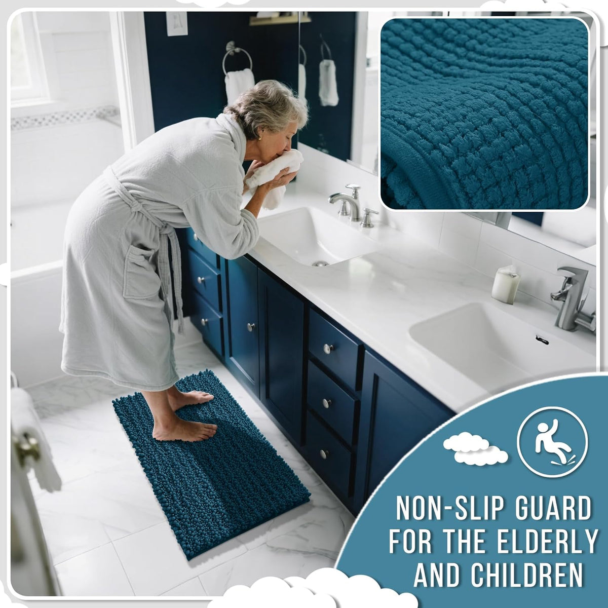 Yimobra Long Bathroom Rugs Non Slip Washable 44x24 Inch - Ultra Soft Absorbent Chenille Bath Mat, Quick Dry Shaggy Floor Carpet for Tub Shower, Peacock Blue Home Decor Accessories