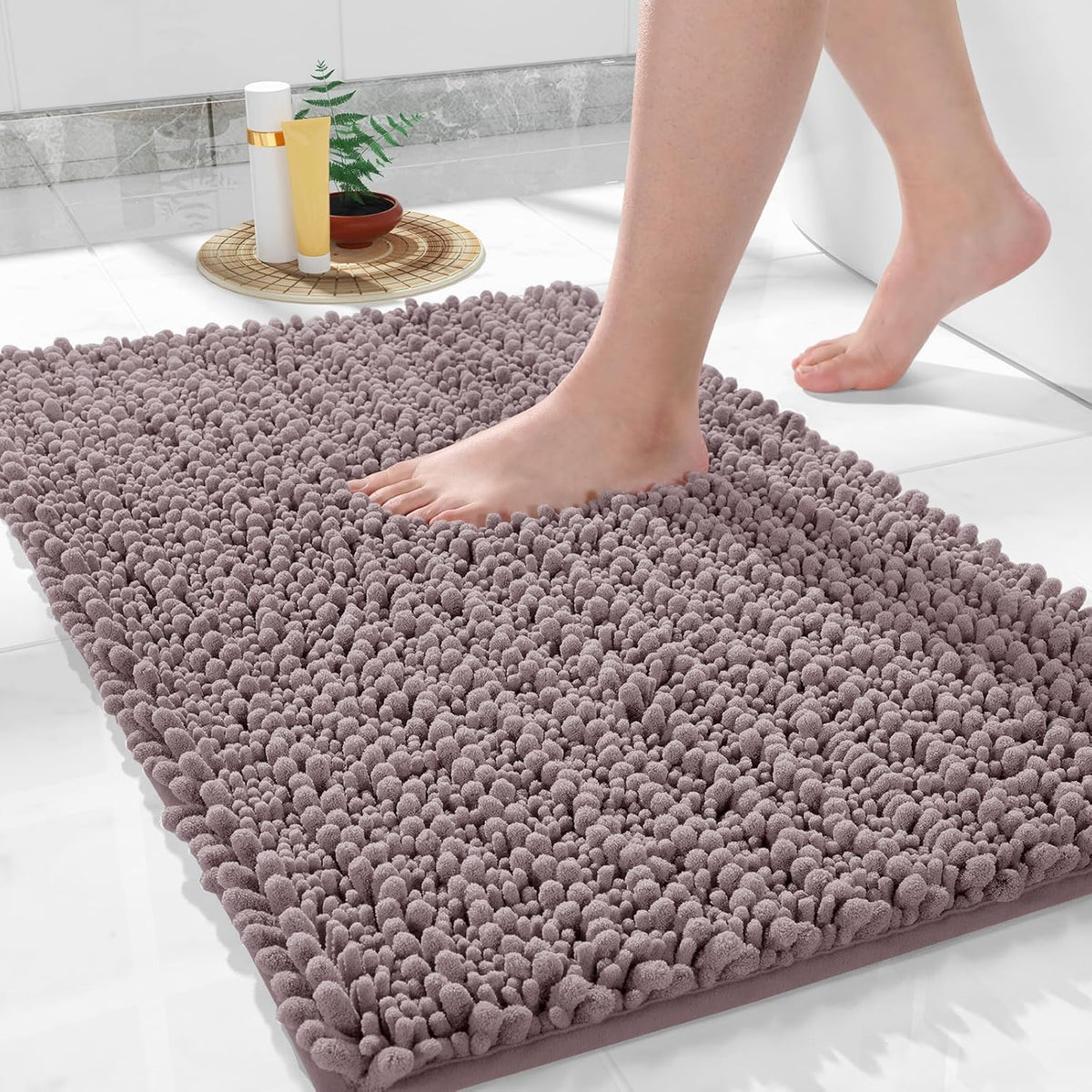 Yimobra Bathroom Rugs Non Slip Washable 32x20 Inch - Ultra Soft Absorbent Chenille Bath Mat, Quick Dry Shaggy Floor Carpet for Tub Shower, Mauve Home Decor Accessories