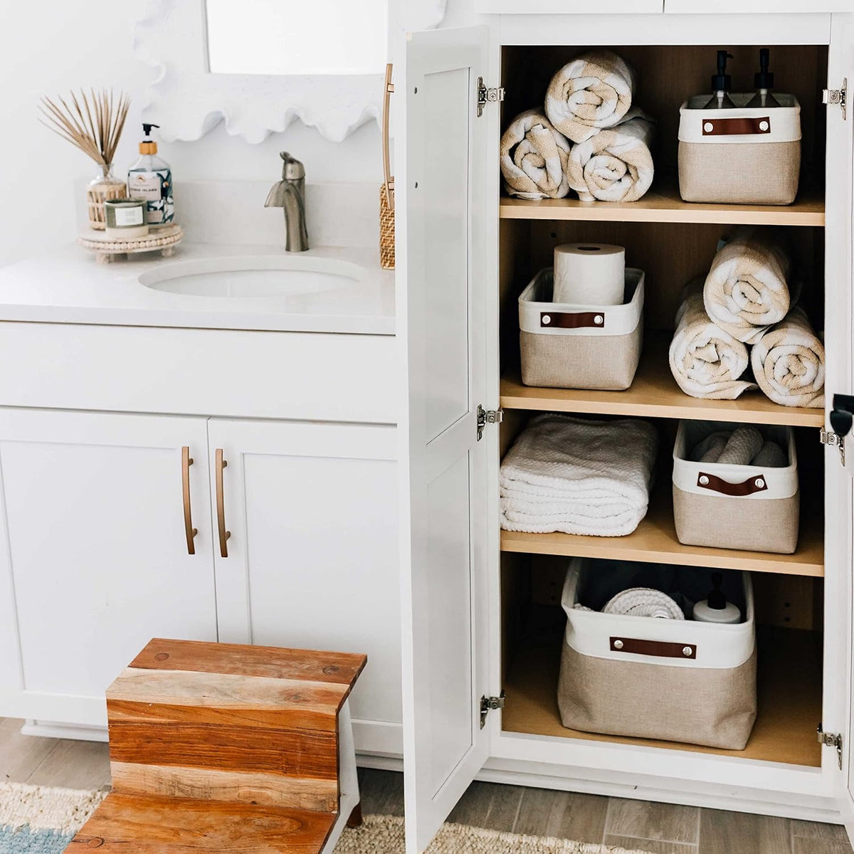 OrganiHaus Small Fabric Storage Baskets for Shelves 3 Pack, 12x8in Closet Storage Bins for Shelves, Cloth Baskets for Organizing, Linen Closet Organizers, Fabric Basket, Beige/White