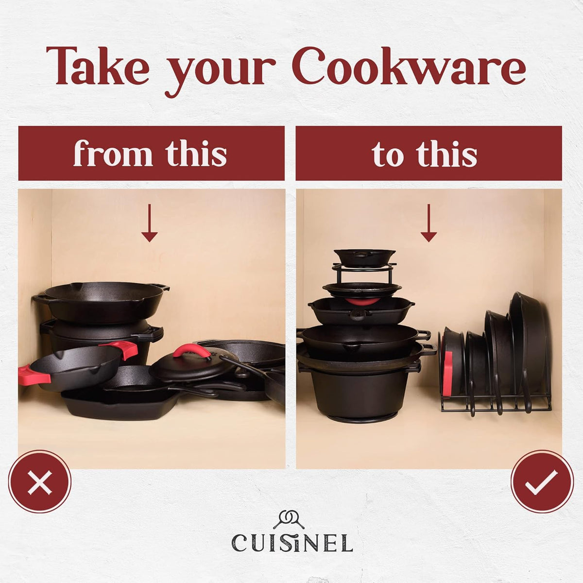 Cuisinel Pots and Pans Organizers - 2-Pack of Silicone-Coated Non-Slip 12" Heavy Duty Skillet Rack - Kitchen Organization Storage - Holds Cookie Sheets, Cutting Boards, Cast Iron Cookware, Dish Stand