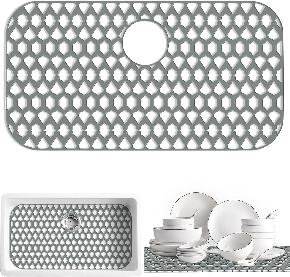 Sink Protectors for Kitchen Sink 19x14 & 21x16 & 26x14 & 28x14.4 & 30x16, Large Silicone Sink Mats Grid for Bottom of Farmhouse Stainless Steel Sink (30”x16”, Rear Drain)