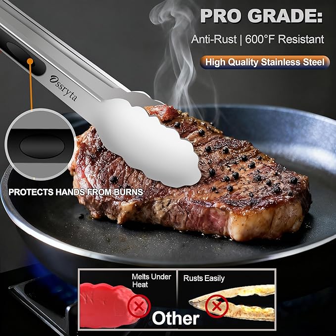Stainless Steel Cooking Tongs Set of 3 - Heavy Duty 12/9/7 Inch Locking Tongs, Heat Resistant to 600 Degrees, Food Grade Kitchen Metal Tong for Food, Salad, & BBQ - Dishwasher Safe