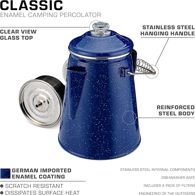 COLETTI Classic Percolator Coffee Pot — The Most Nostalgic Camping Coffee Pot, Now Modernized [Blue Enamel, 12 Cup]